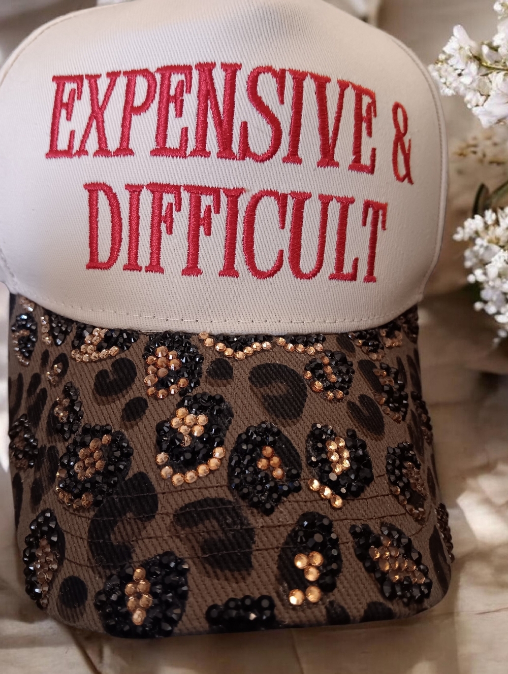 'Expensive & Difficult' White and Brown Sequin Leopard Customized Hat - Picture 3 of 8